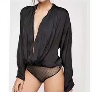 Free People Ladylike Black Satin Draped Bodysuit V Neck Size L